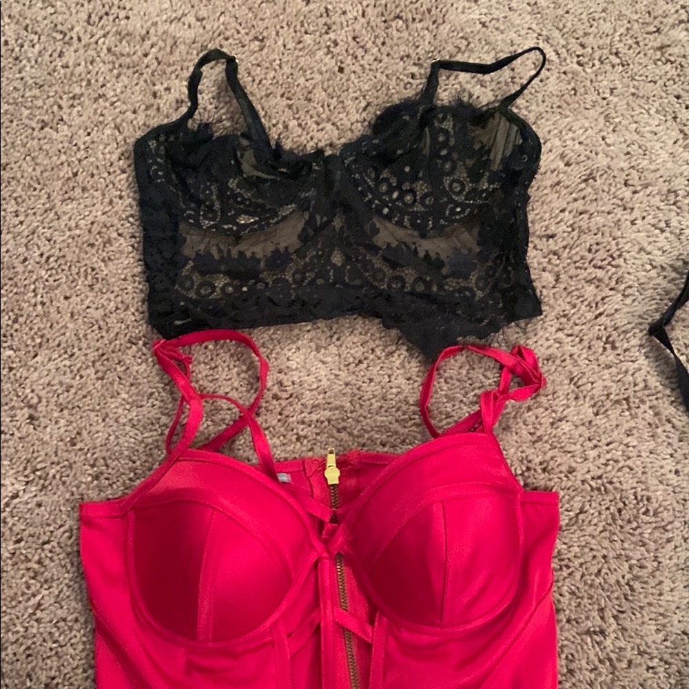 Black Lace Bralette and Red Bustier Set